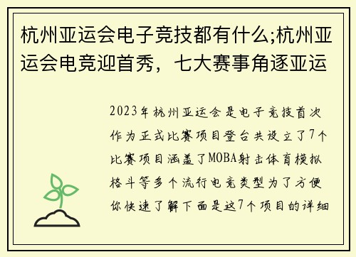 杭州亚运会电子竞技都有什么;杭州亚运会电竞迎首秀，七大赛事角逐亚运金牌